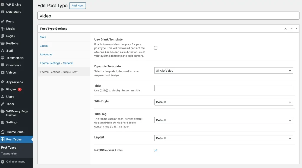 Total WordPress theme post types unlimited single post settings